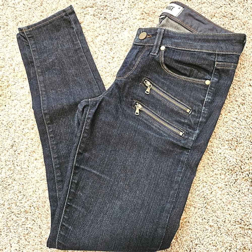 PAIGE Edgemont Jeans Size 27 Dk. Blue Stretch Moto Zipper Skinny Leg Pockets